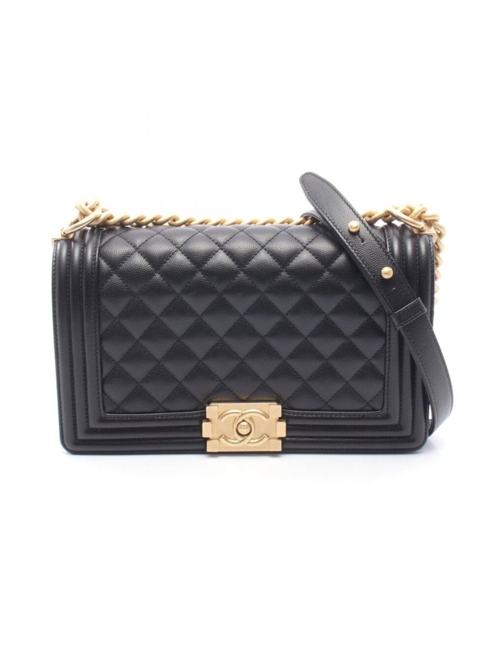 Chanel Shoulder Bag Boy Black Caviar Leather Boy Chain
